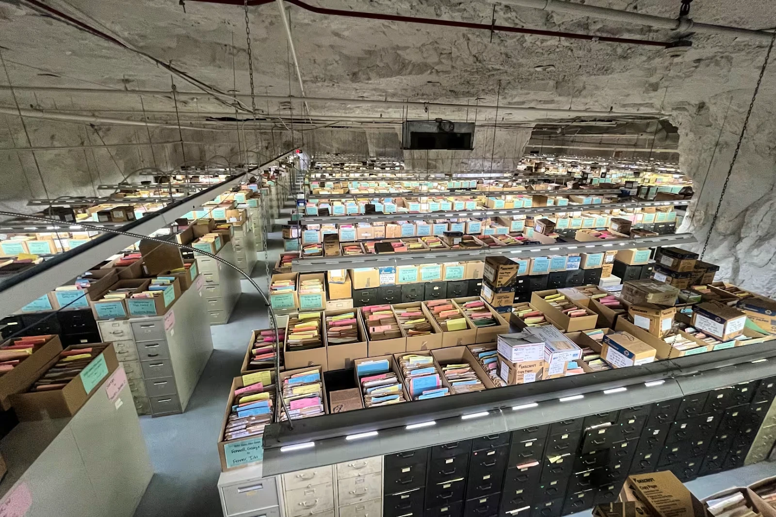 Rows of file cabinets in OPM's underground records mine in Boyers, Pennsylvania