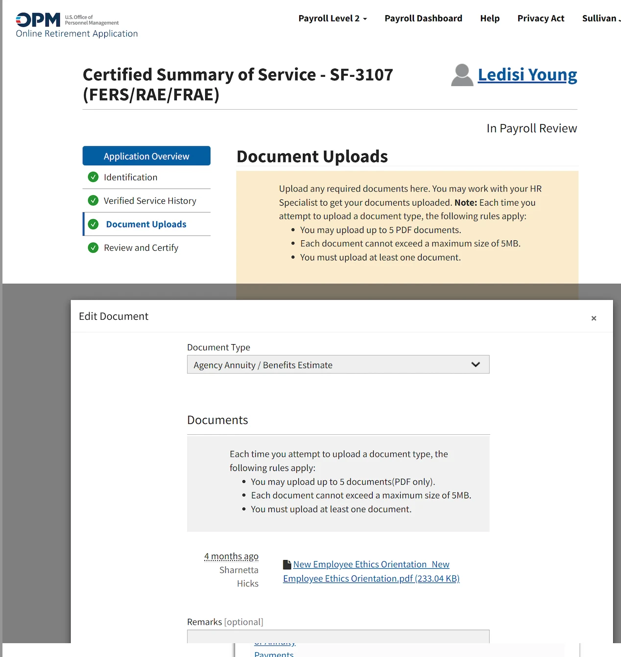 Legacy OPM Online Retirement Application interface and process flow screenshot