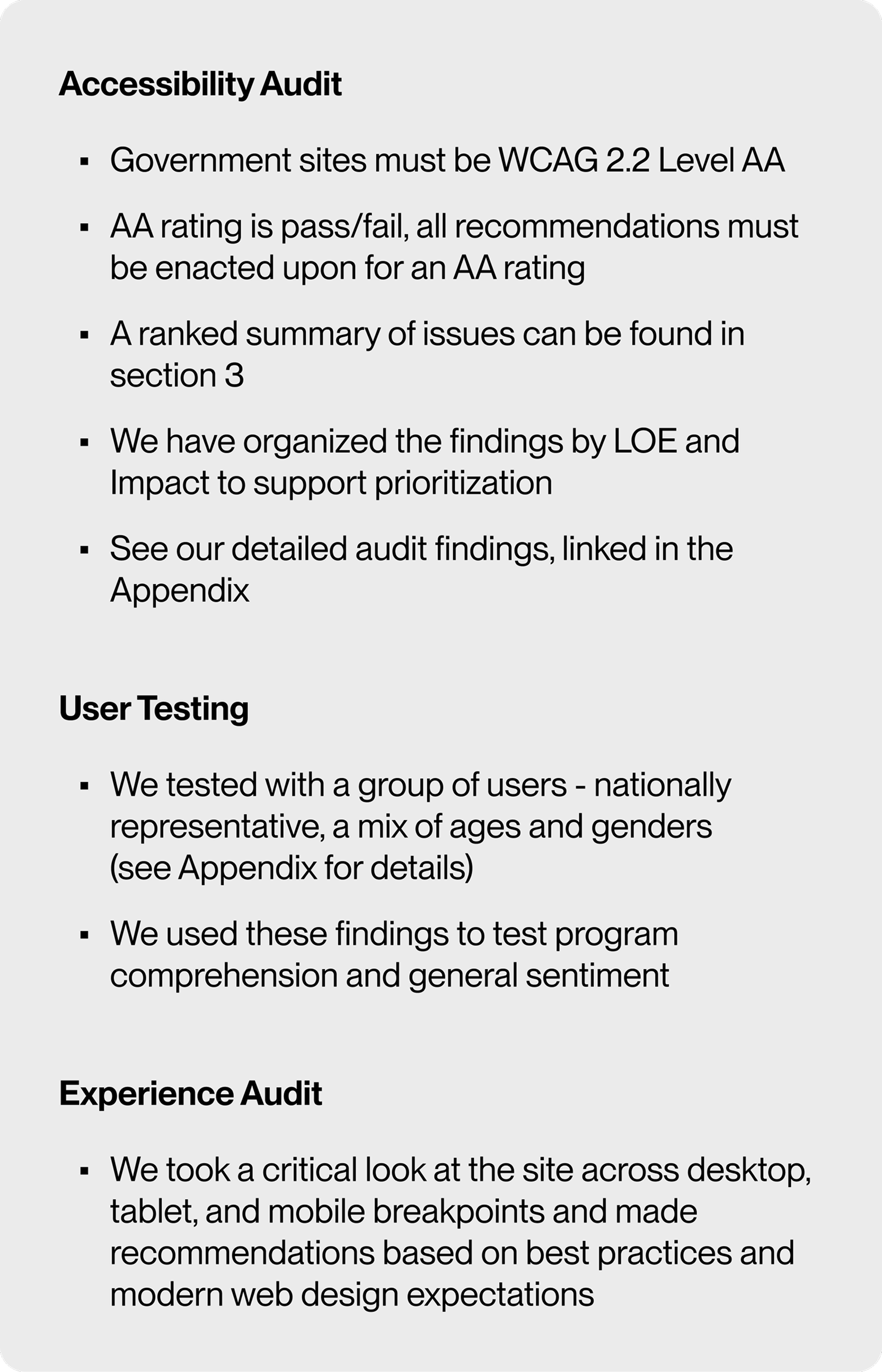 Screenshot of TrumpRx accessibility testing criteria and evaluation checklist