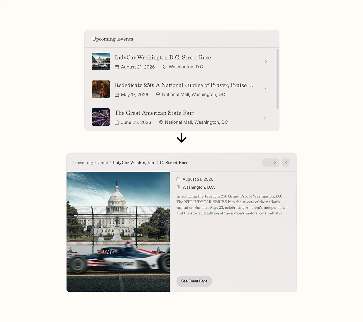Three examples of cards expanding in place: a Story of America video opens to a large Declaration of Independence panel, a John Adams profile opens with biography text, and an IndyCar event opens with image and details.