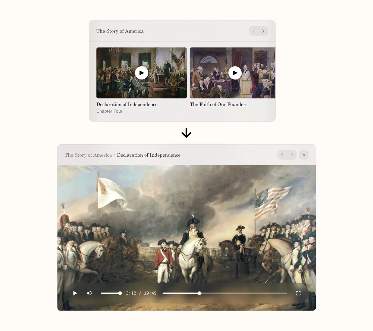 Three examples of cards expanding in place: a Story of America video opens to a large Declaration of Independence panel, a John Adams profile opens with biography text, and an IndyCar event opens with image and details.