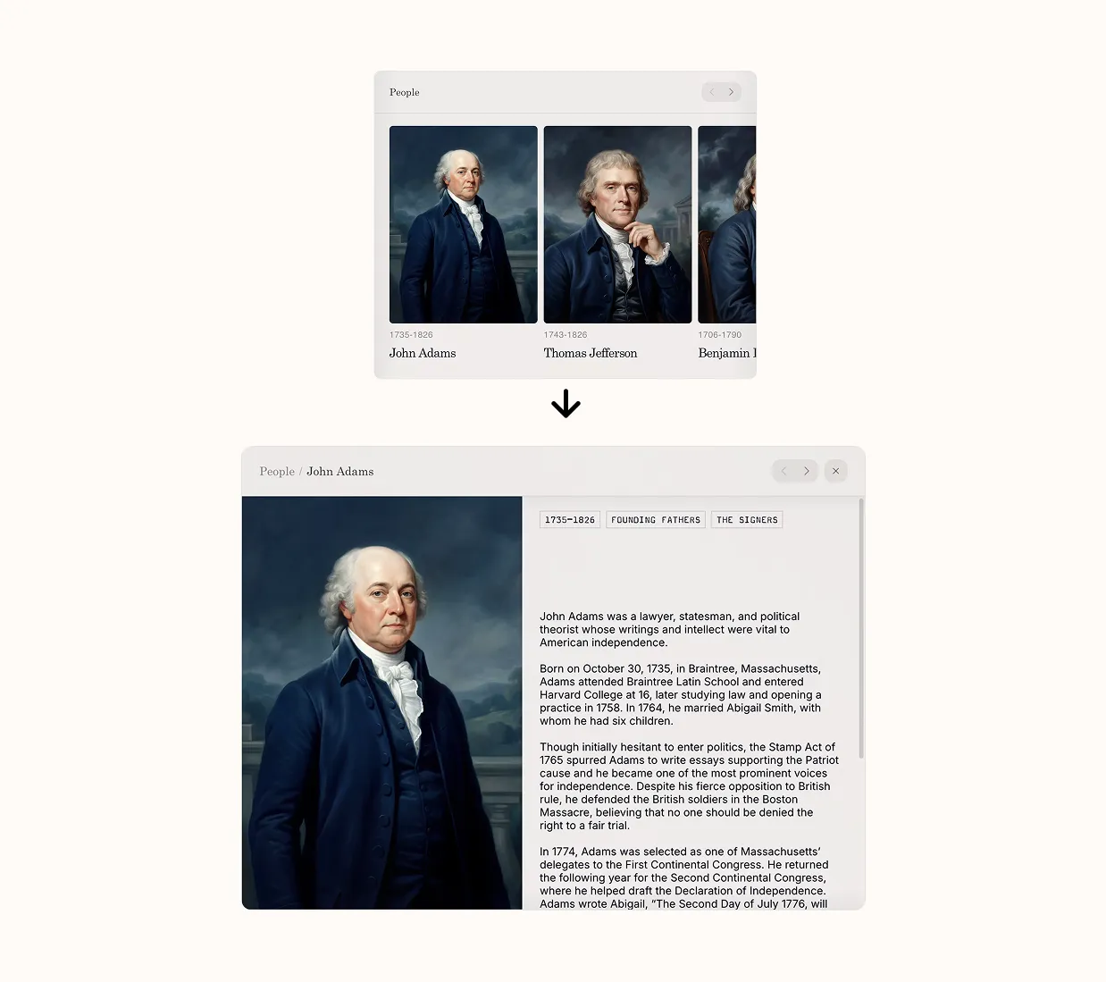 Three examples of cards expanding in place: a Story of America video opens to a large Declaration of Independence panel, a John Adams profile opens with biography text, and an IndyCar event opens with image and details.