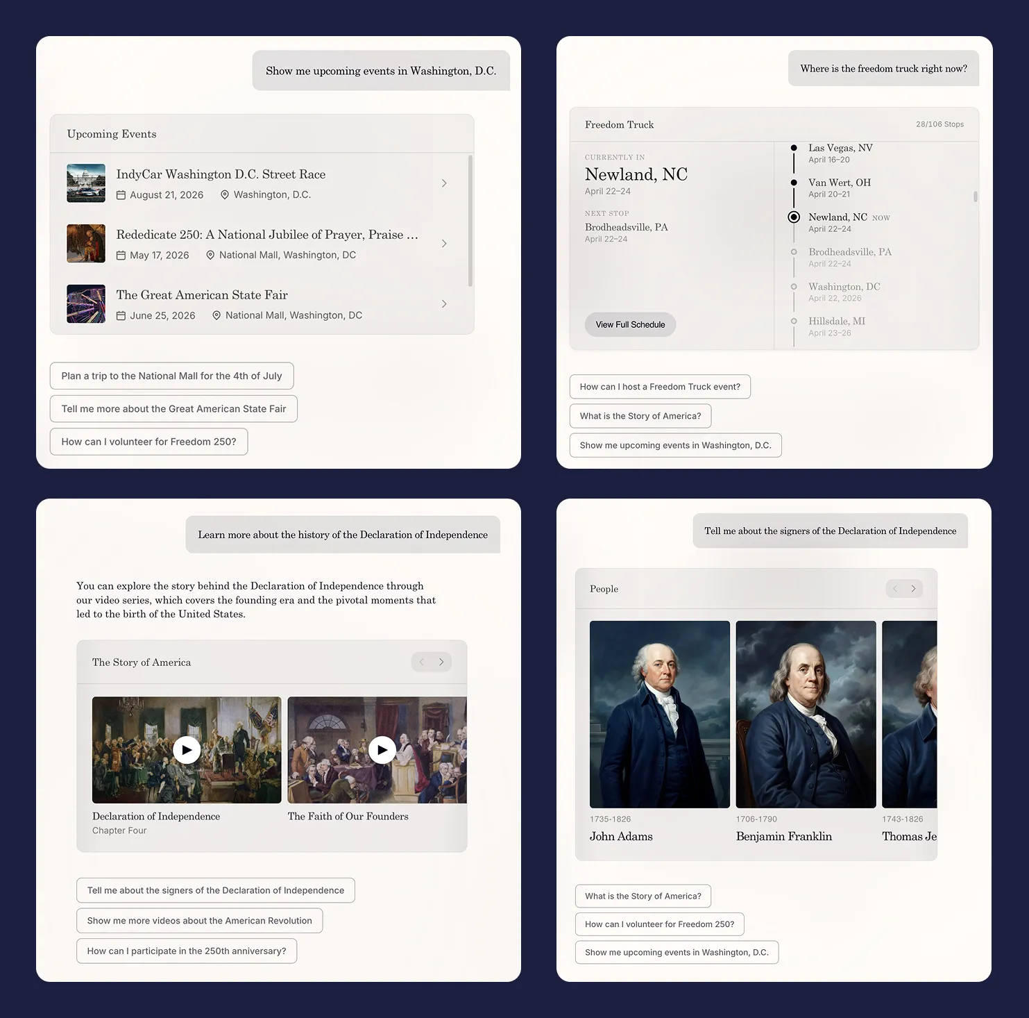 Six 250.gov AI result examples, including event cards, a Freedom Truck stop timeline, volunteer instructions, history videos, founder profiles, and a four-day Washington, D.C. itinerary.
