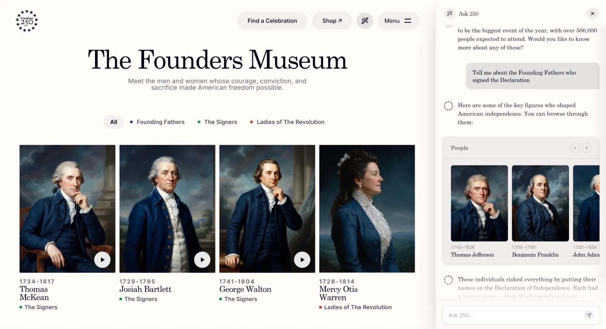 The Founders Museum page with founder portrait cards and a chat sidebar returning a People carousel for a question about Declaration signers.