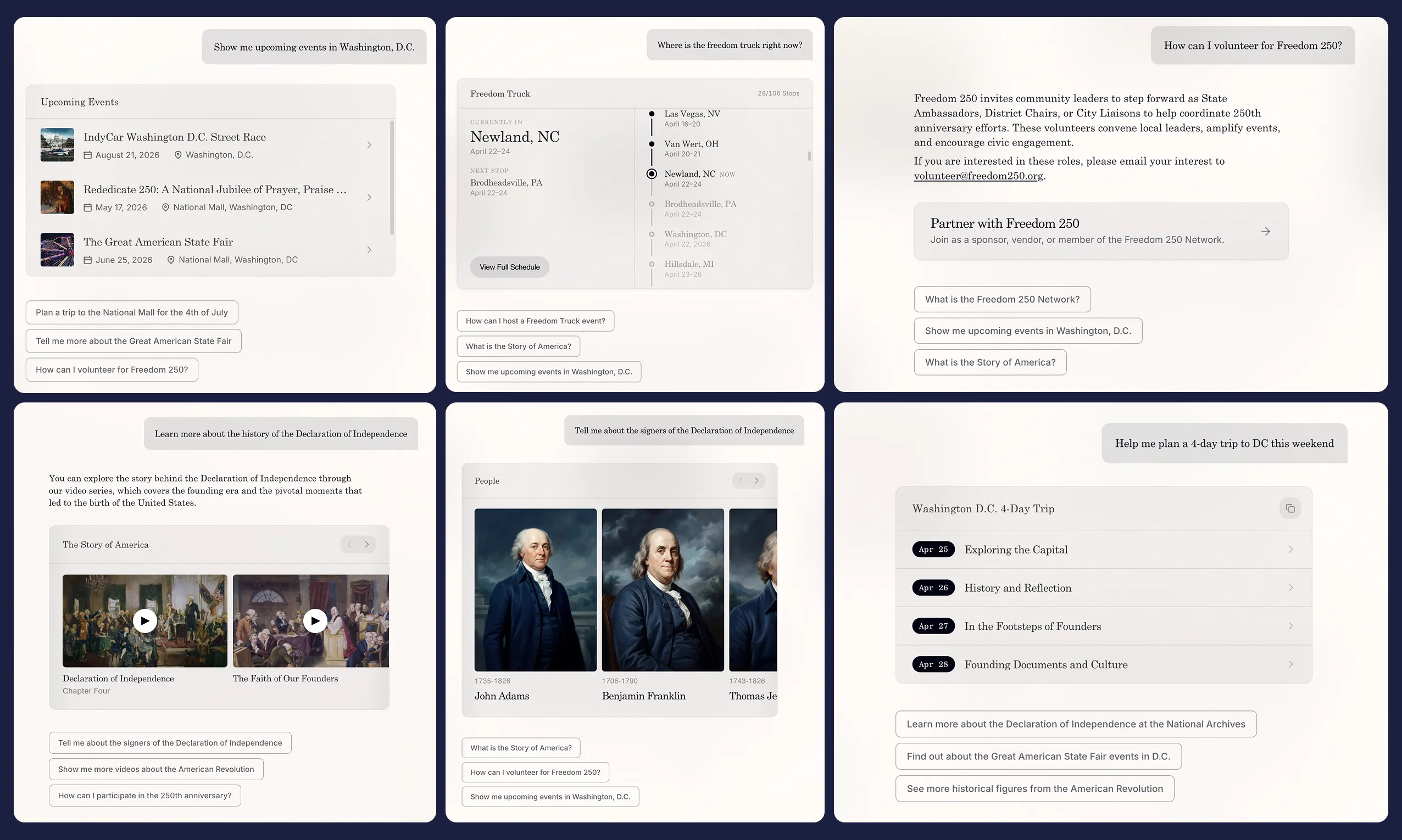 Six 250.gov AI result examples, including event cards, a Freedom Truck stop timeline, volunteer instructions, history videos, founder profiles, and a four-day Washington, D.C. itinerary.